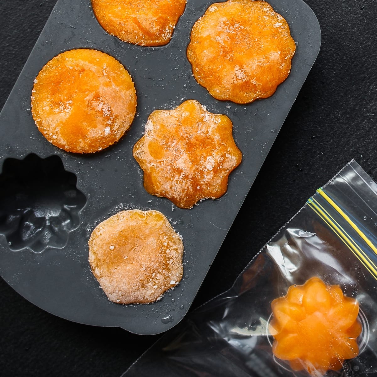 Frozen Pumpkin Puree on an Ice Molding Tray with One Frozen Pumpkin Flower in a Ziploc Bag