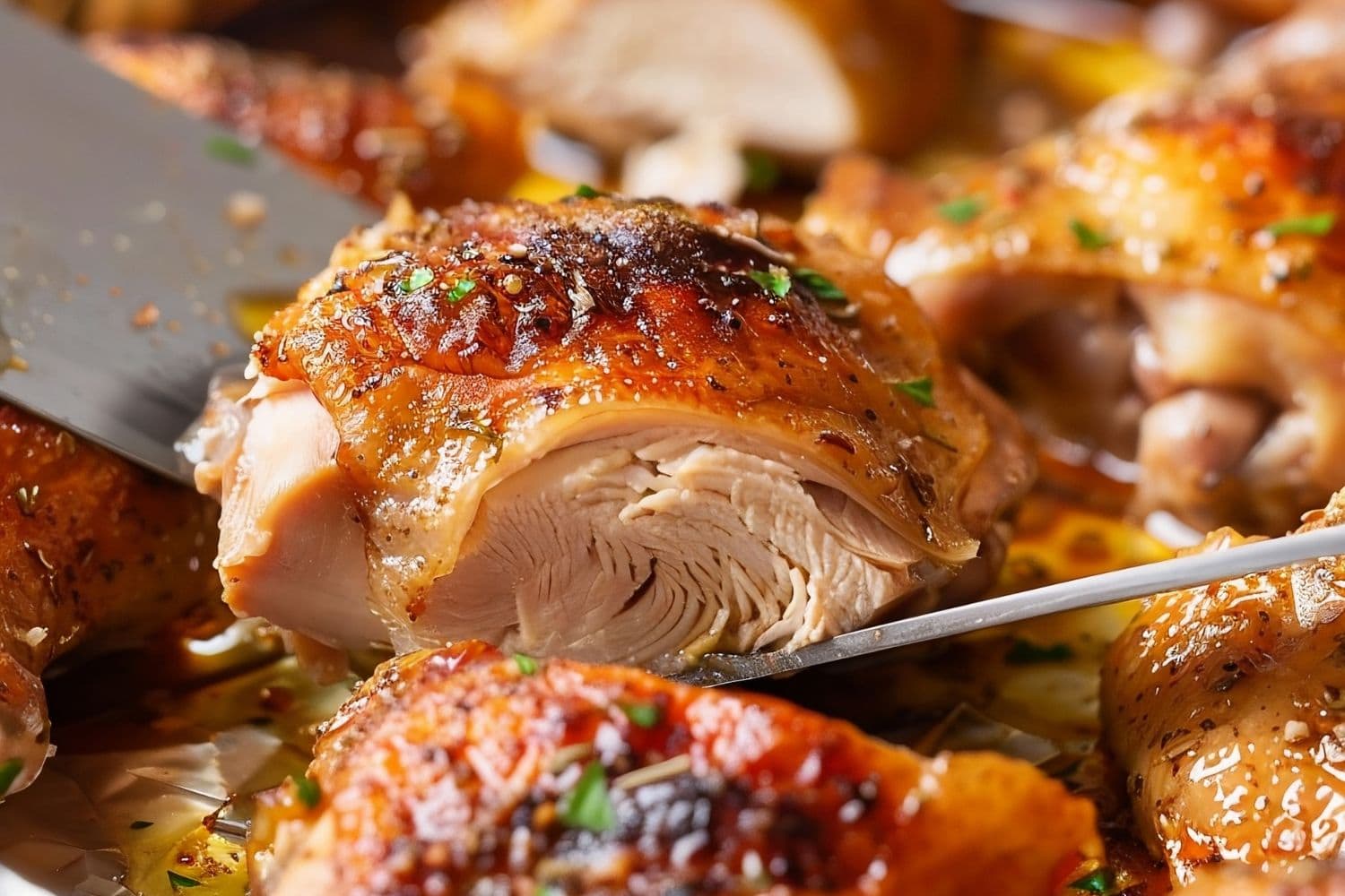 Close Up of Cut Piece of Crispy-Skinned, Juicy, Baked Chicken Thigh