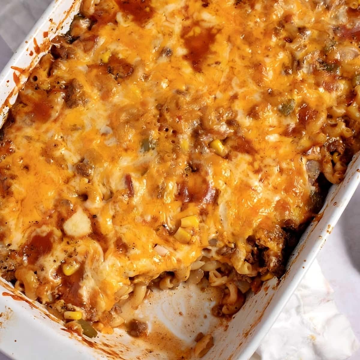 Melty and Cheesy Cheeseburger Casserole with Ground Beef and Corn