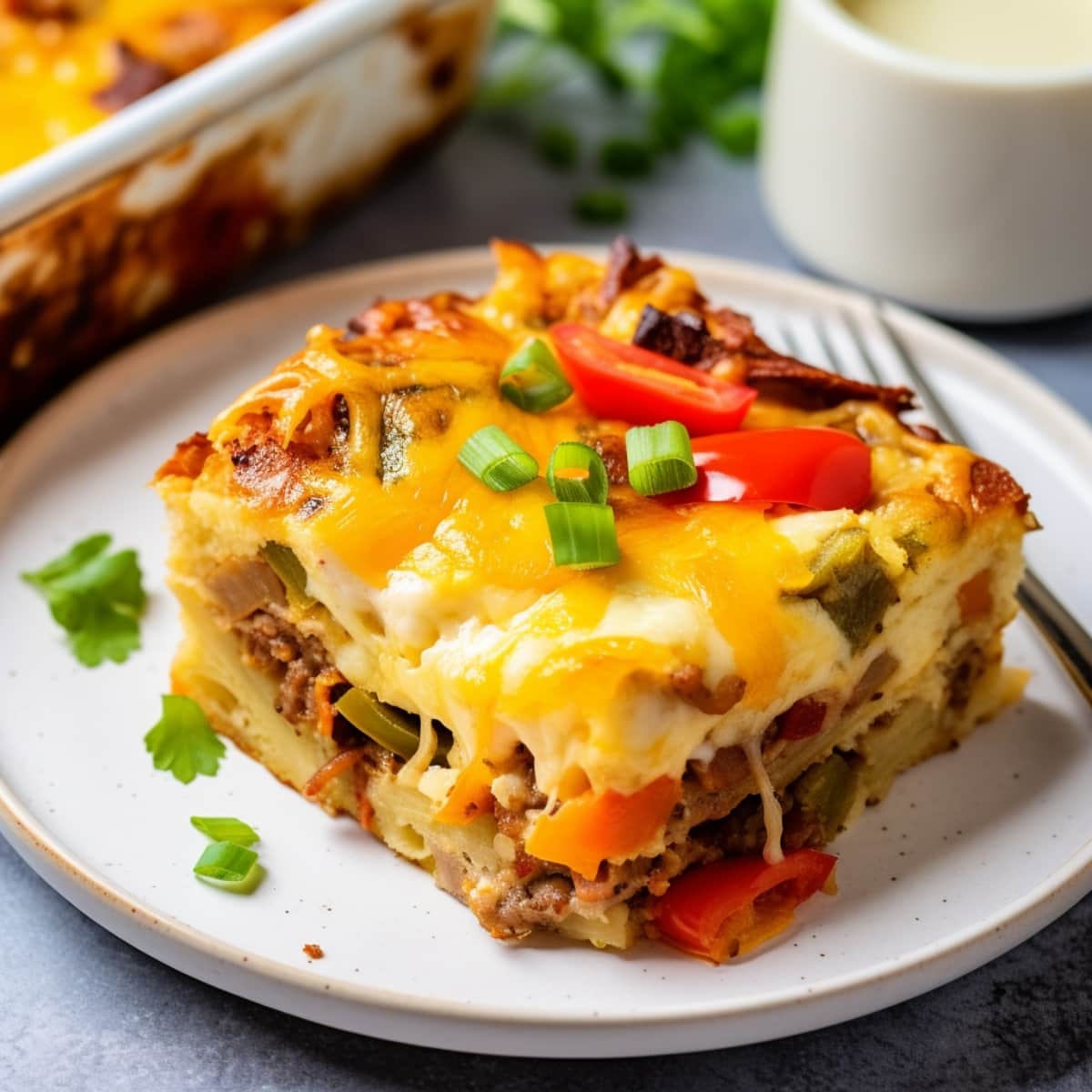 Slice of Easter Breakfast Casserole Served on a Saucer