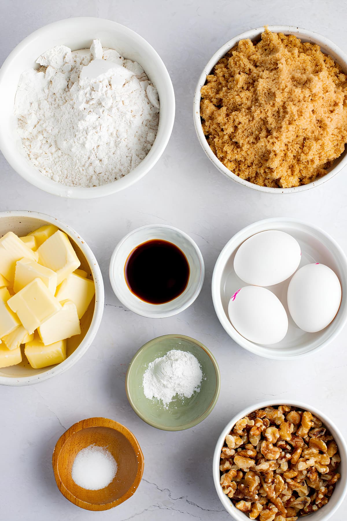 Butterscotch Brownies Ingredients - Flour, Baking Powder, Salt, Butter, Brown Sugar, Vanilla, Eggs, Butterscotch Chips and Chopped Nuts