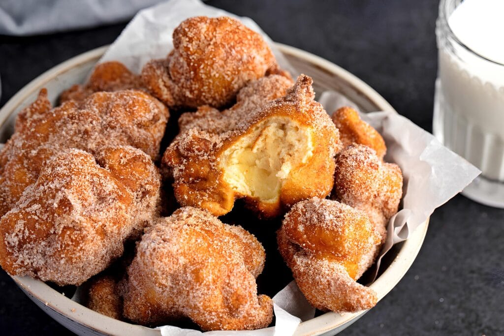 Cinnamon Sugar Apple Fritters in a Bowl