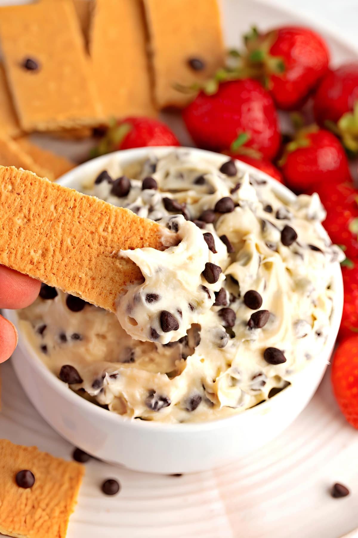 Cracker dipped into cheesecake dip on a bowl loaded with chocolate chips. 