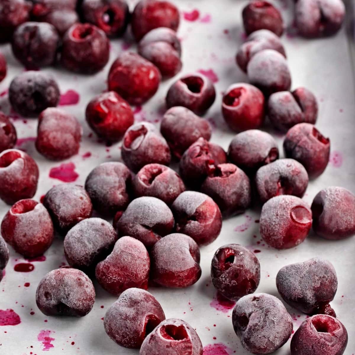 Frozen cherries on a baking sheet.