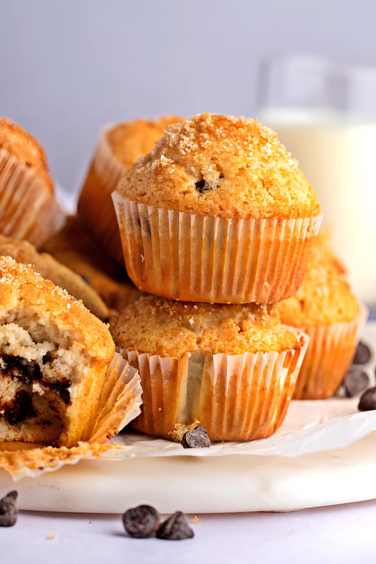 Homemade Chocolate Chip Muffins Stacked