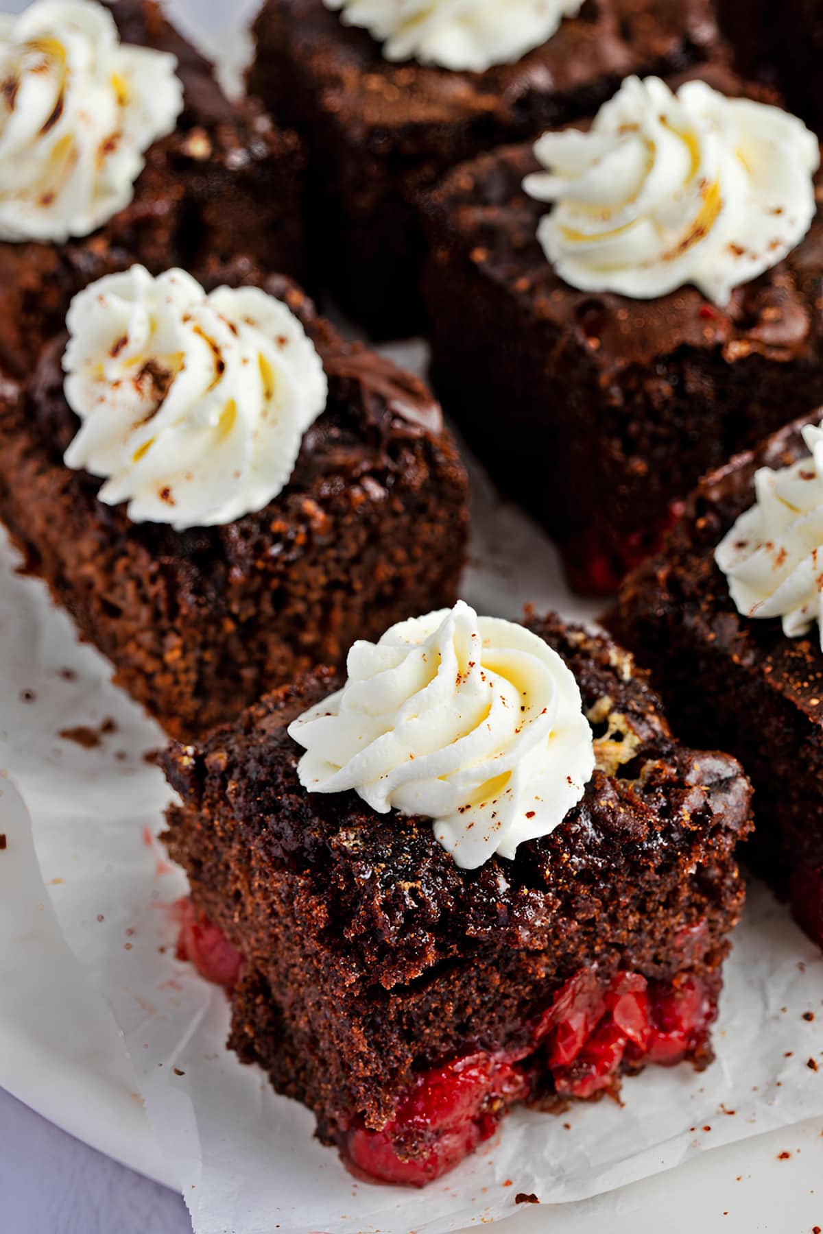 Homemade Chocolate Dream Cake Squares with Cherry Pie Filling