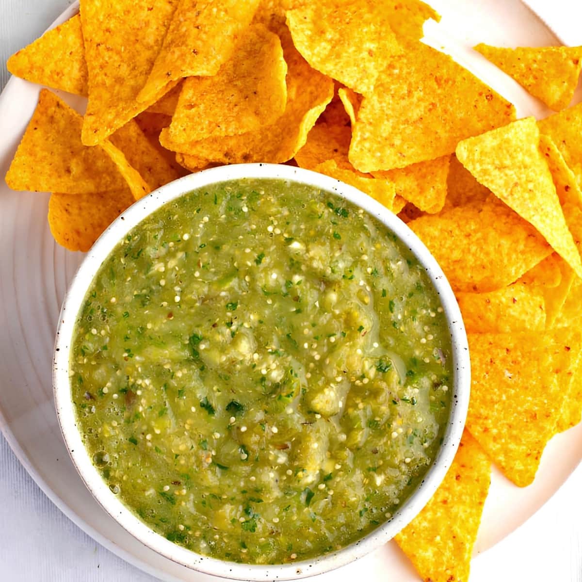 Nachos and Salsa Verde on a Bowl