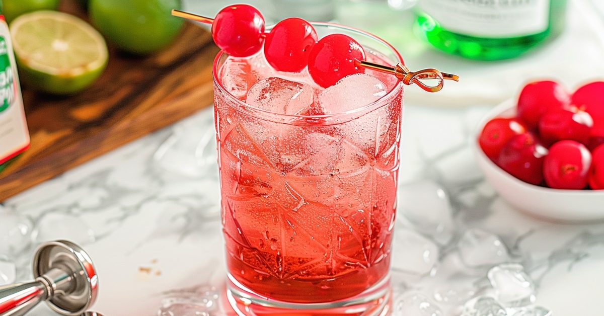 A glass of cold dirty shirley cocktail on a white marble table