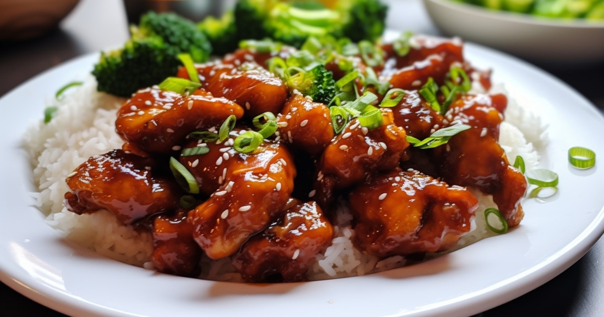 Slow Cooker Honey Garlic Chicken with rice and broccoli