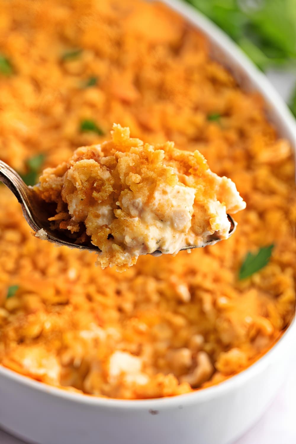 Closeup of a Spoonful of Million Dollar Chicken Casserole, The Rest of the Casserole In Background