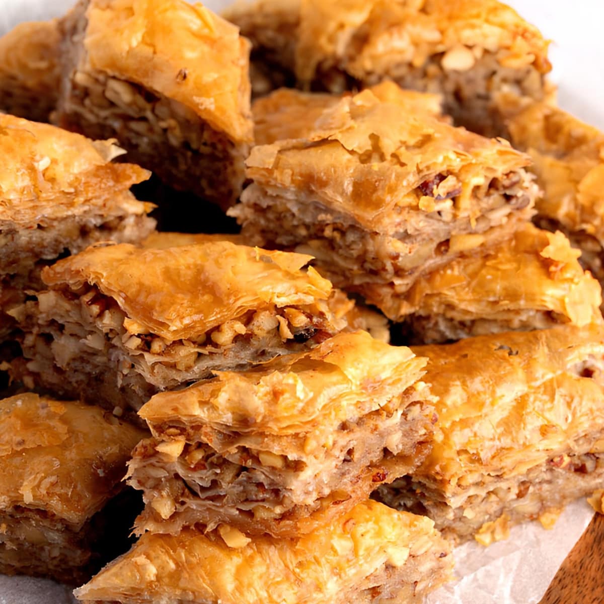 Stacks of Baklava on Wooden Cutting Board