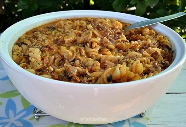 Amish country casserole served in a white bowl. 