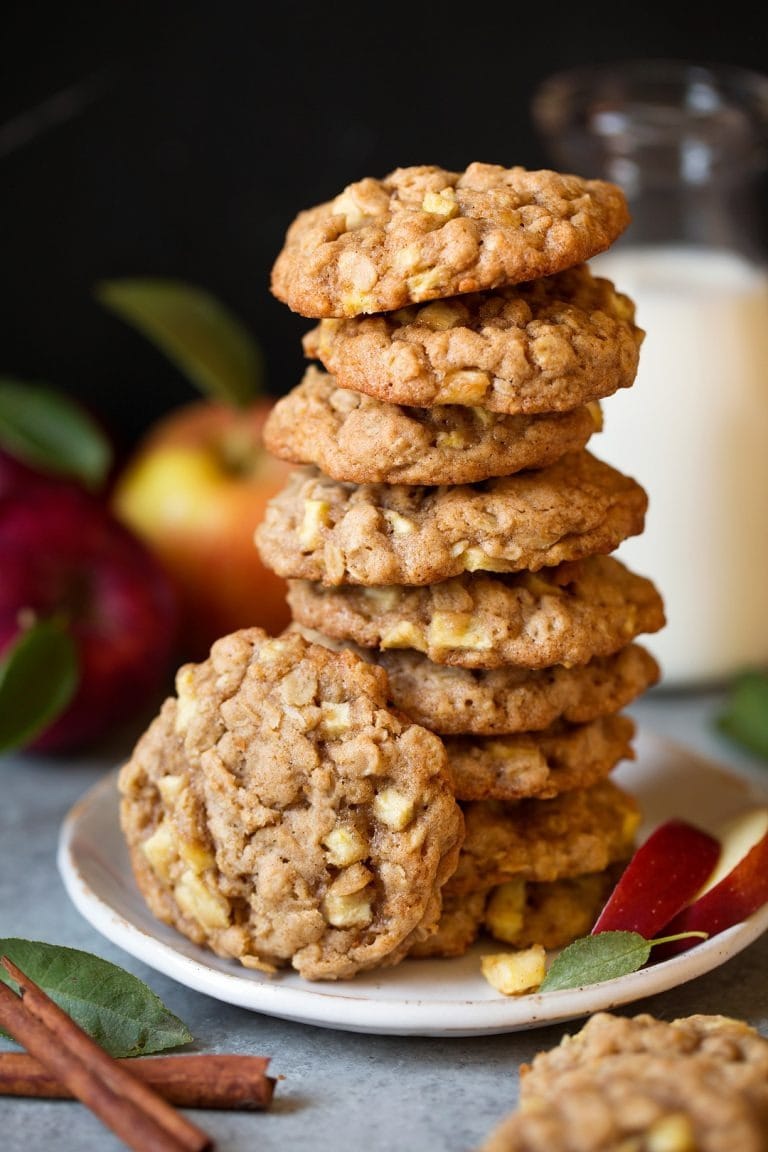 Stack of apple cinnamon oatmeal cookies on a plate. 