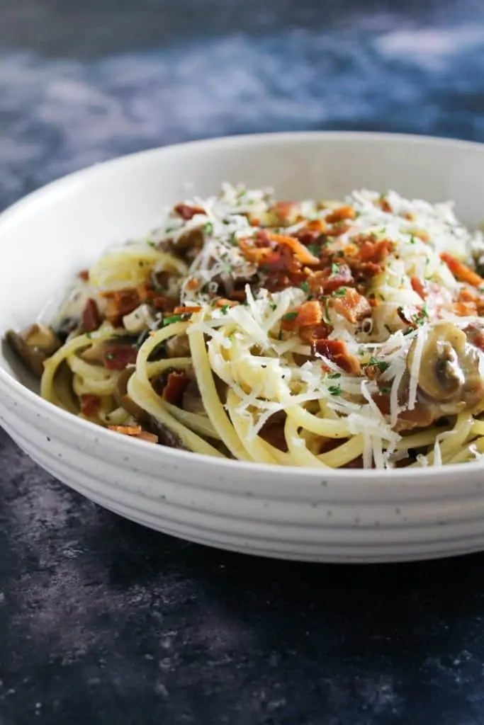 Bacon and Mushroom Carbonara with Cheese in a Bowl