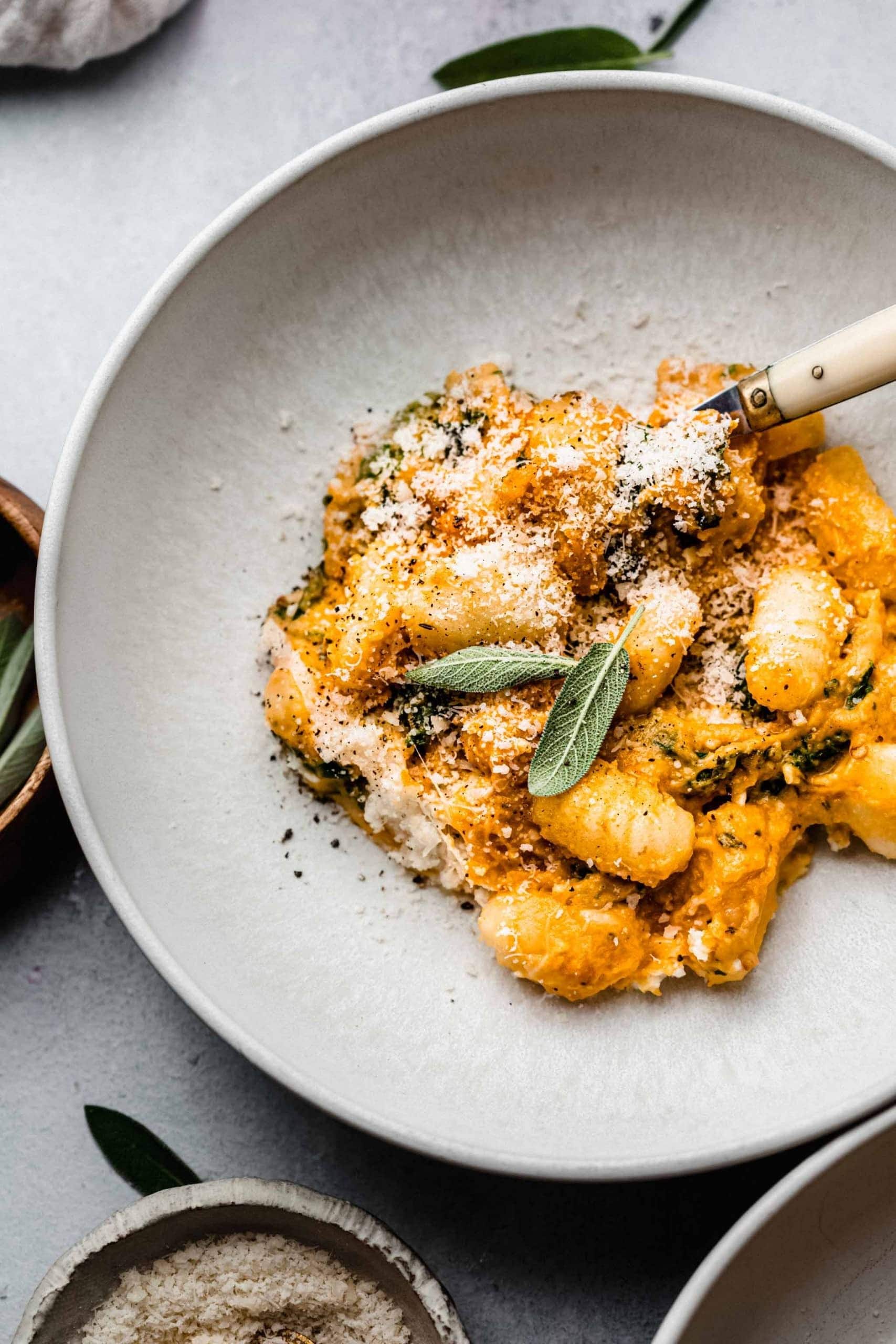 Cheesy baked gnocchi with kale.