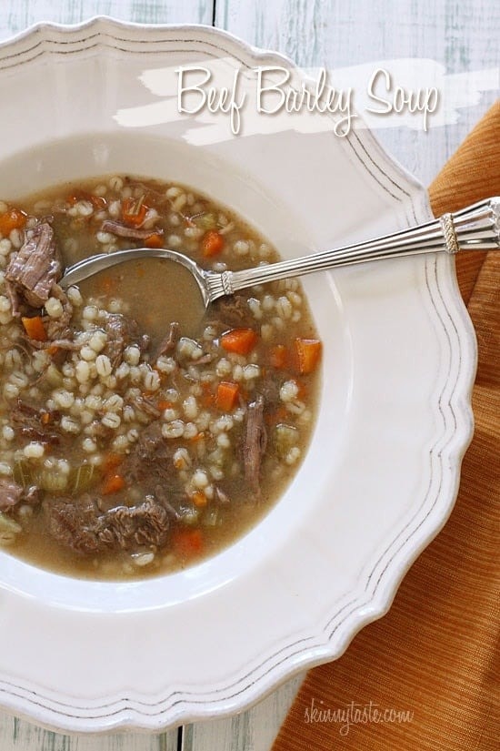 Warm Beef Barley Soup with Veggies in a Bowl