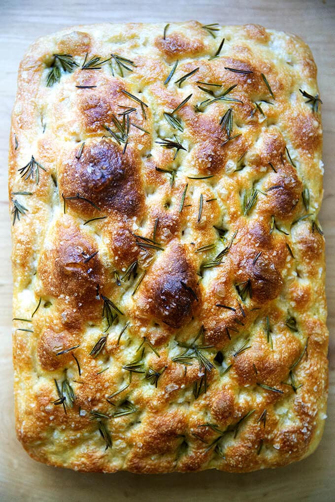 Focaccia bread sprinkled with fresh rosemary leaves.