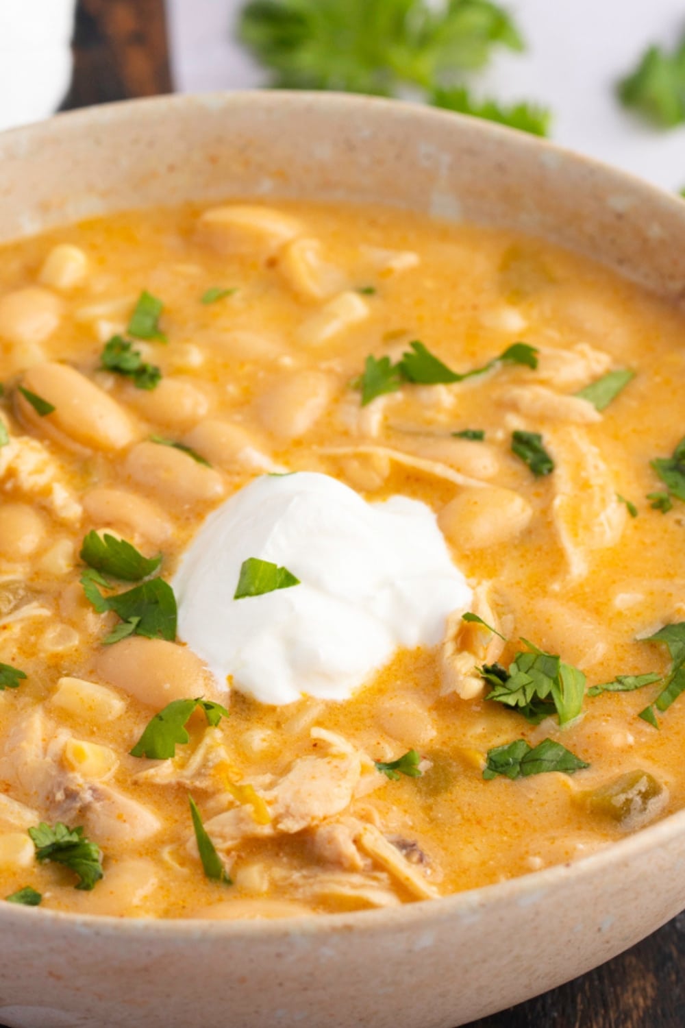 Bowl of White Chicken Chili with Sour Cream and Herbs