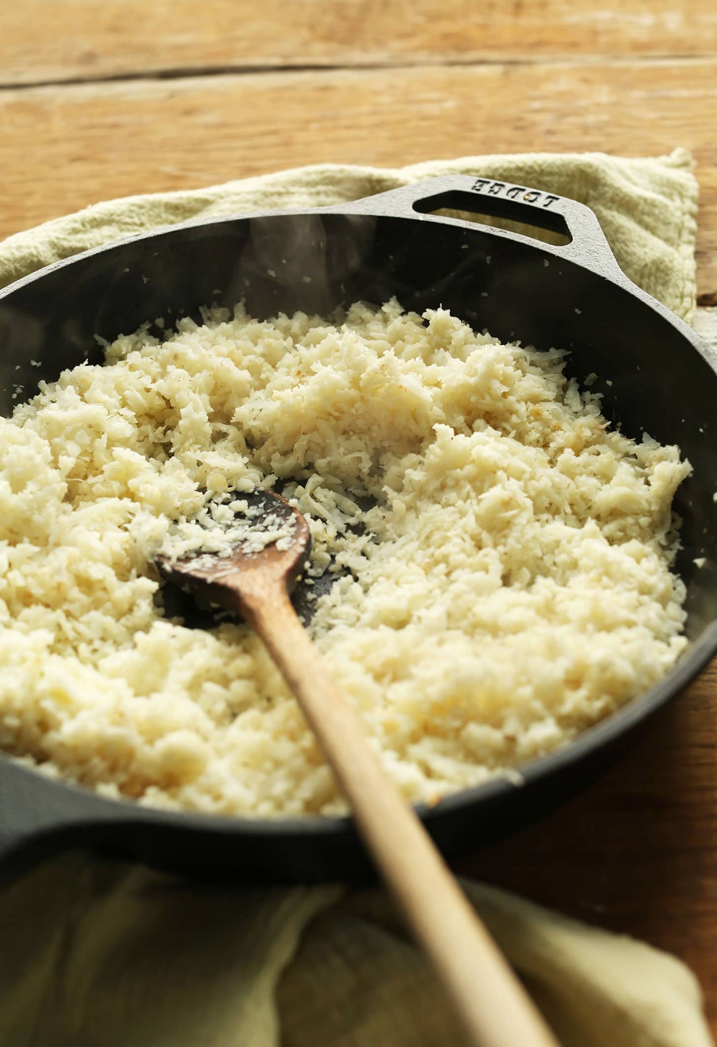 Cauliflower rice in skillet. 