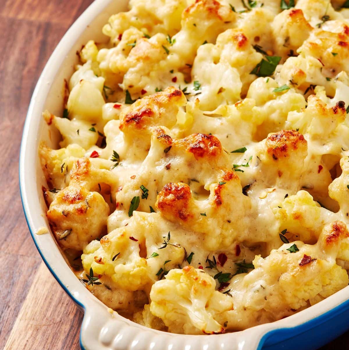 Cauliflower au gratin on a casserole dish.