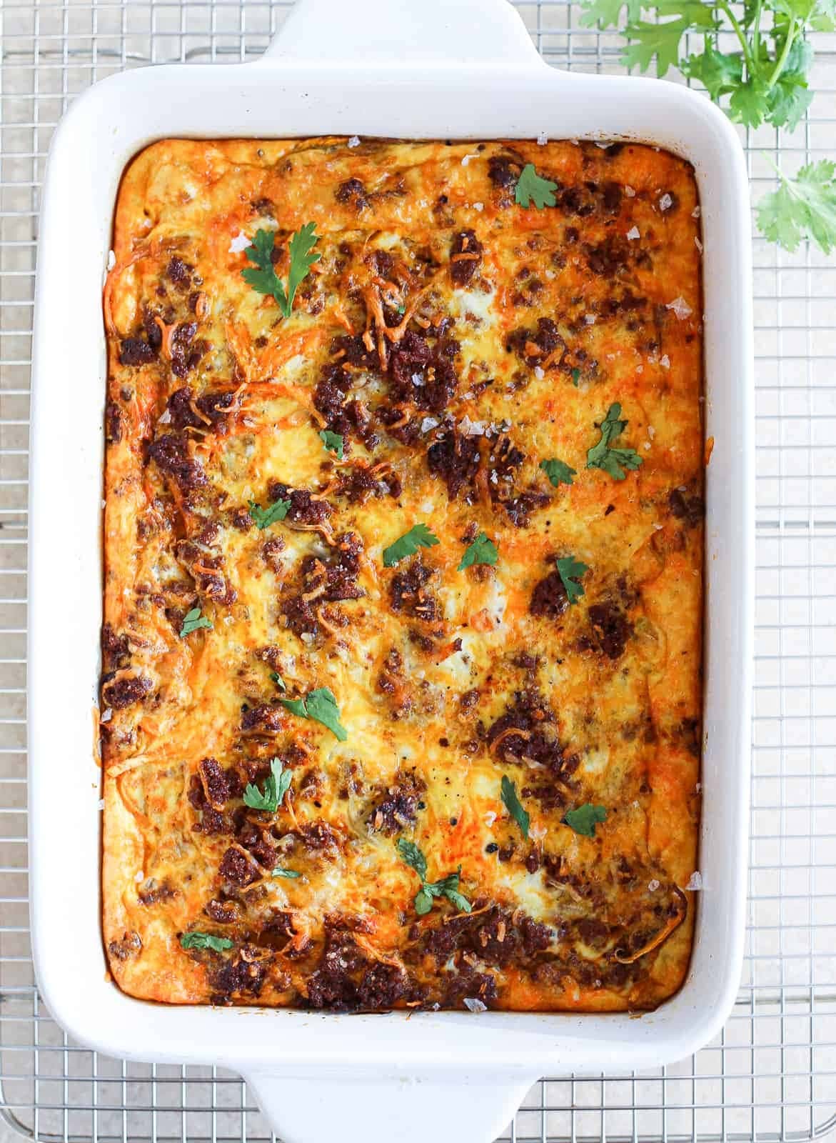 Chorizo and Spiralized Sweet Potato Breakfast Casserole