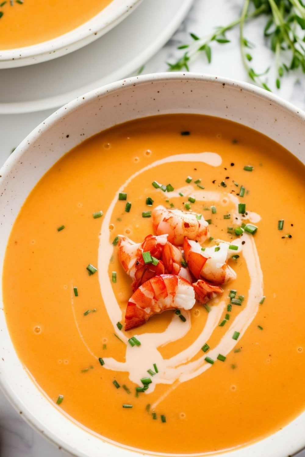 Creamy lobster bisque in bowl. 