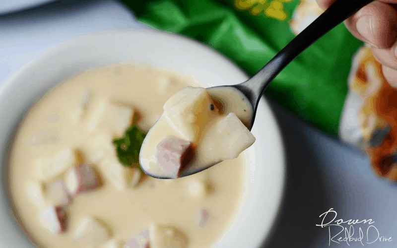 Ham and cheese soup scooped with a spoon from a white bowl. 