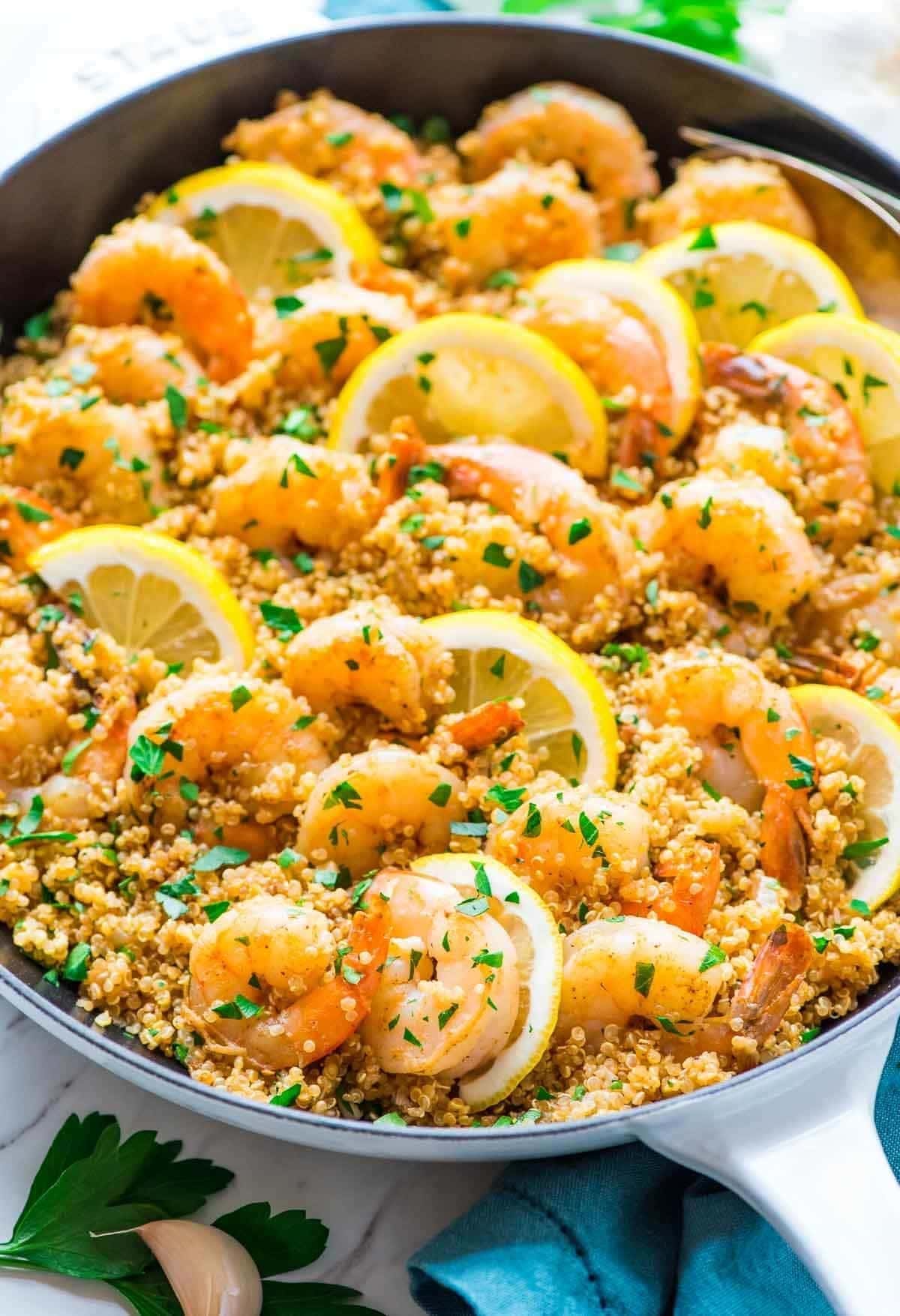 Garlic Shrimp with Quinoa garnish with lemon slices