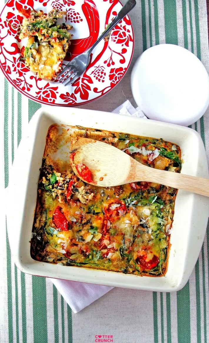 Egg Casserole with non-dairy milk, cauliflower, bacon, spinach, tomatoes, and potato starch 