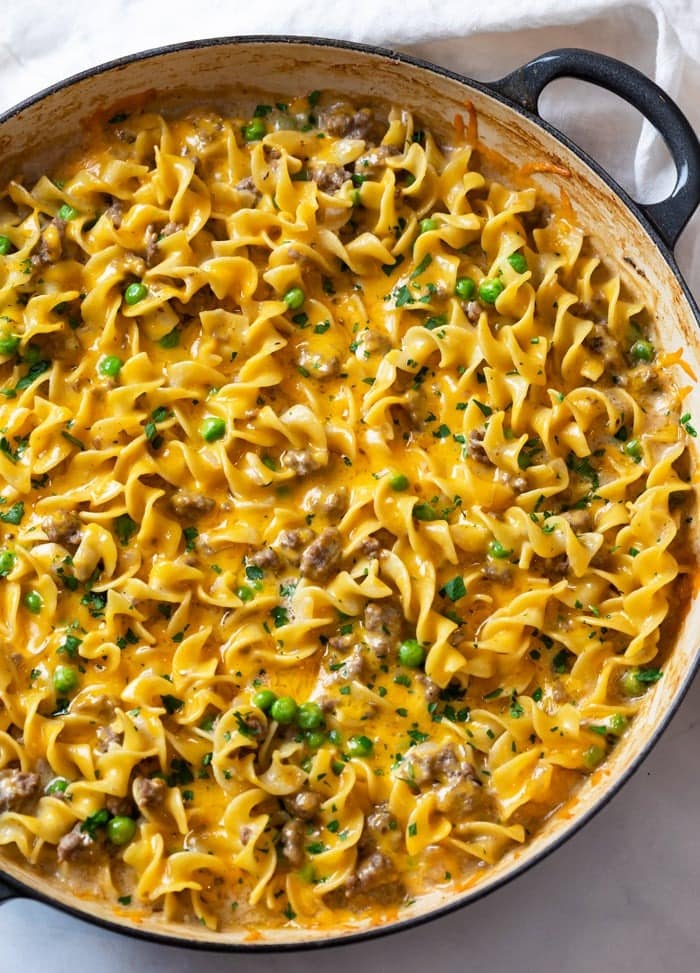 Beef stroganoff casserole on a pot. 