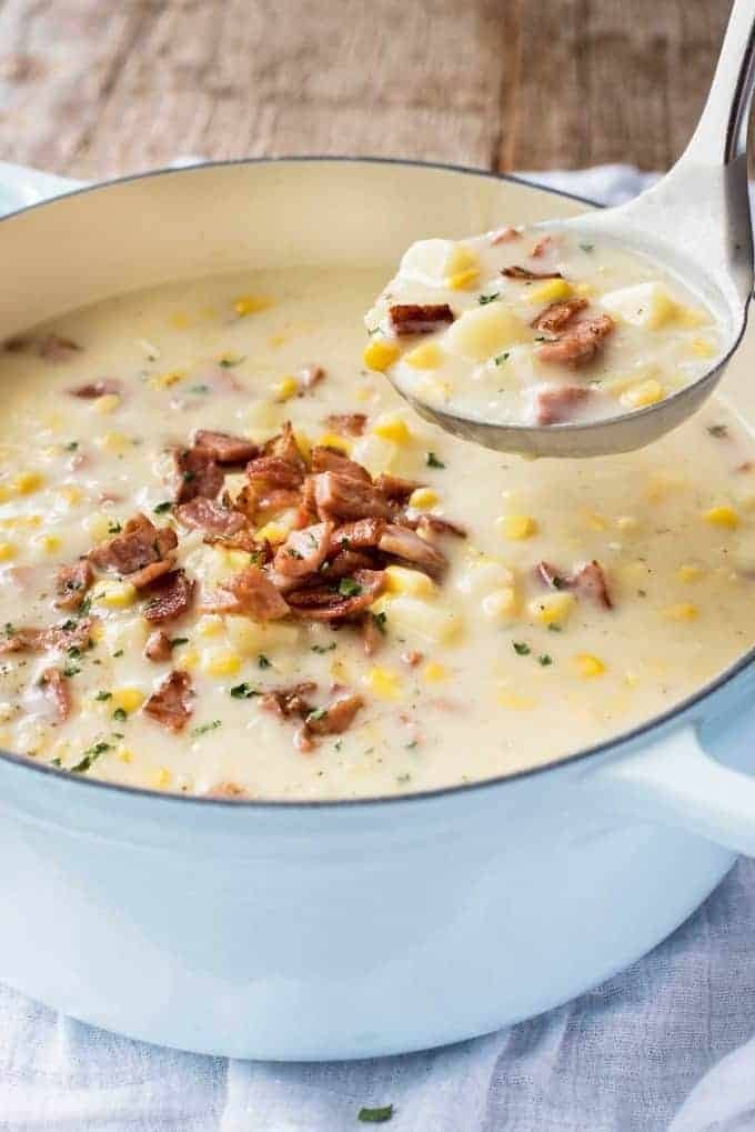 Ham and potato chowder on a pot. 