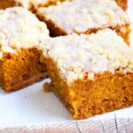 Sliced pumpkin coffee bread with buttery toppings.