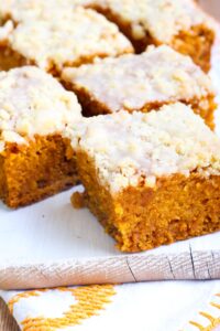 Sliced pumpkin coffee bread with buttery toppings.