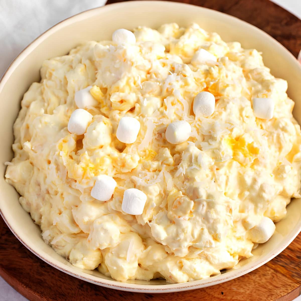 Homemade Pineapple Fluff with Marshmallows in a Plate