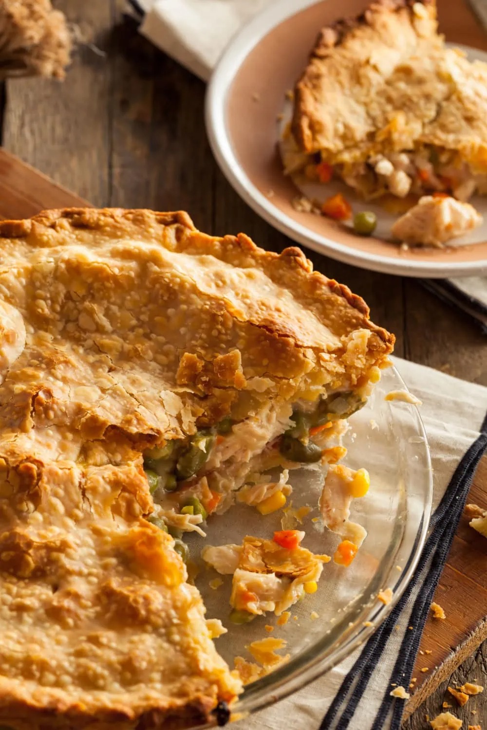 Bisquick chicken pot pie on a glass dish. 