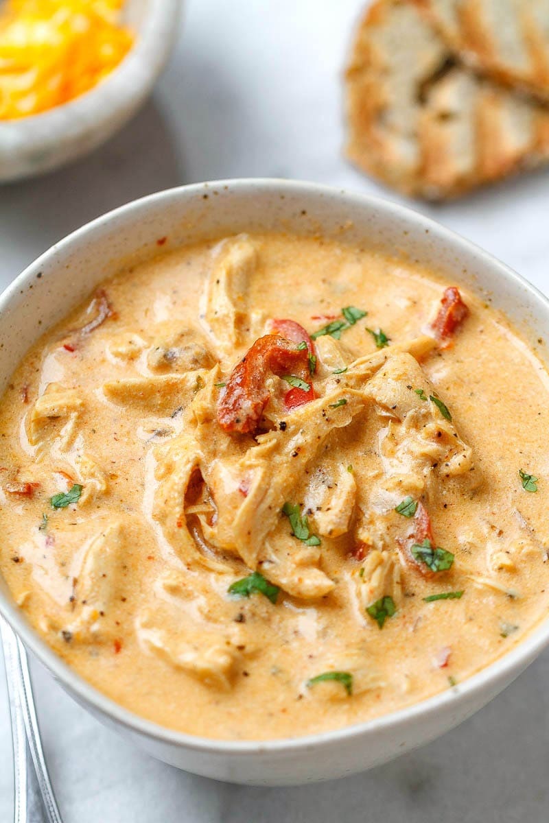 Bowl of creamy chicken soup. 