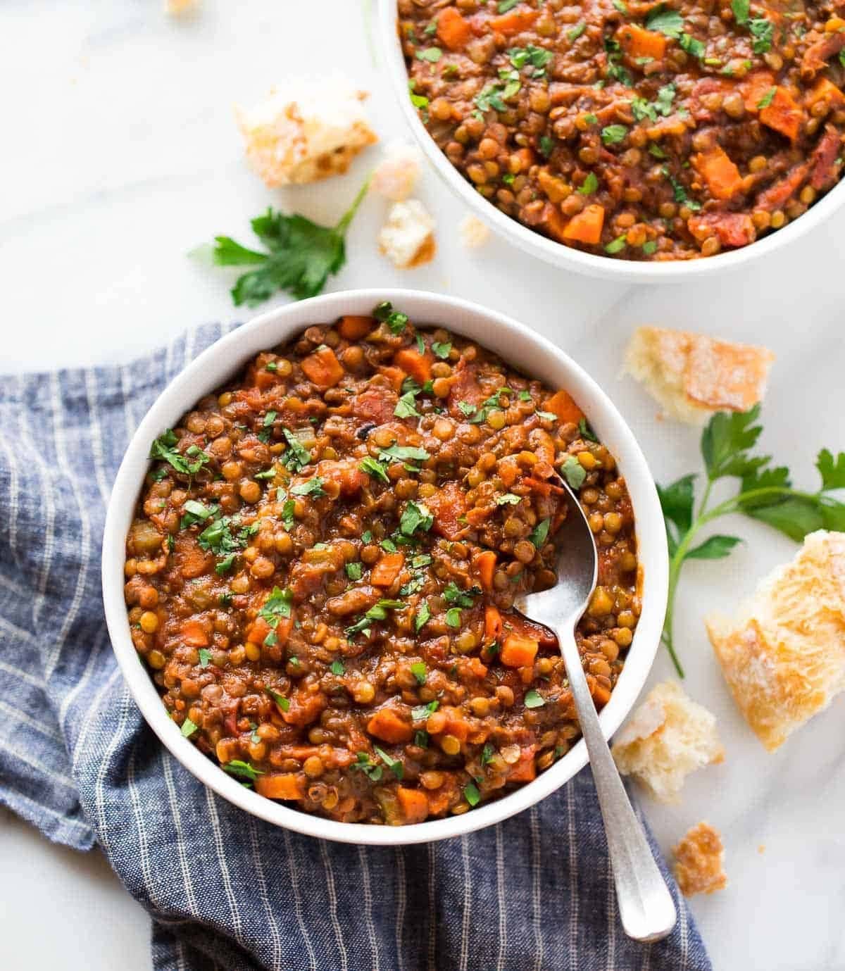 Bowl of instant pot lentil soup. 