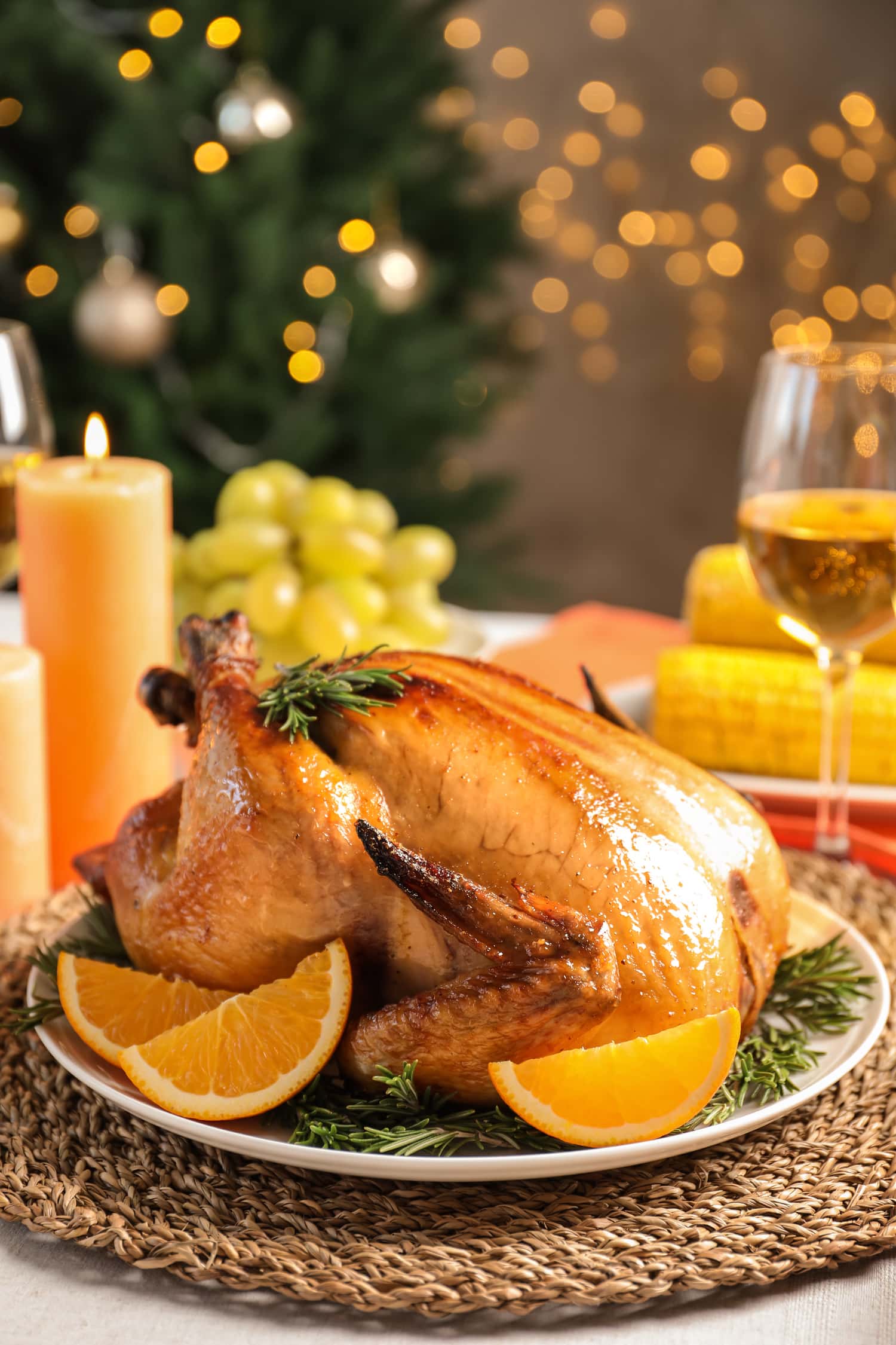 Instant Pot Turkey on a plate with slices oranges on the side and garnish with rosemary