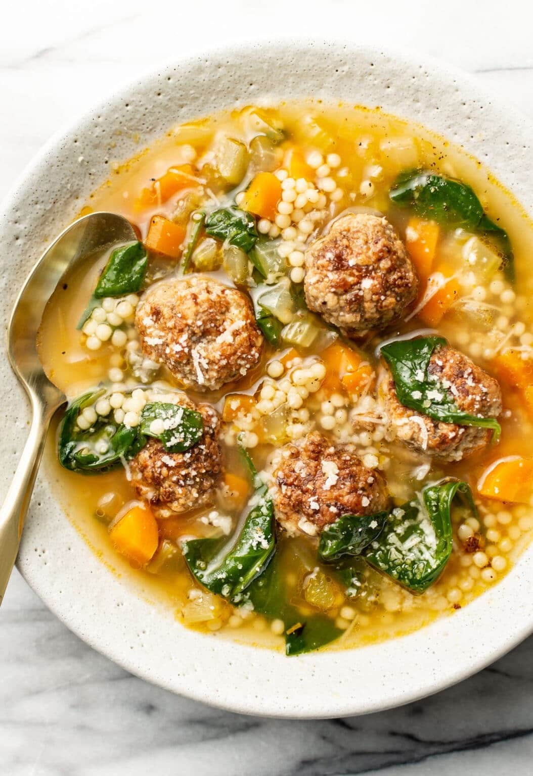 Bowl of Italian Wedding Soup with meatballs