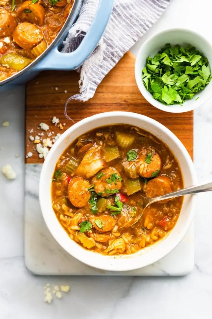 Top view of Cajun leftover turkey gumbo served in a bowl. 