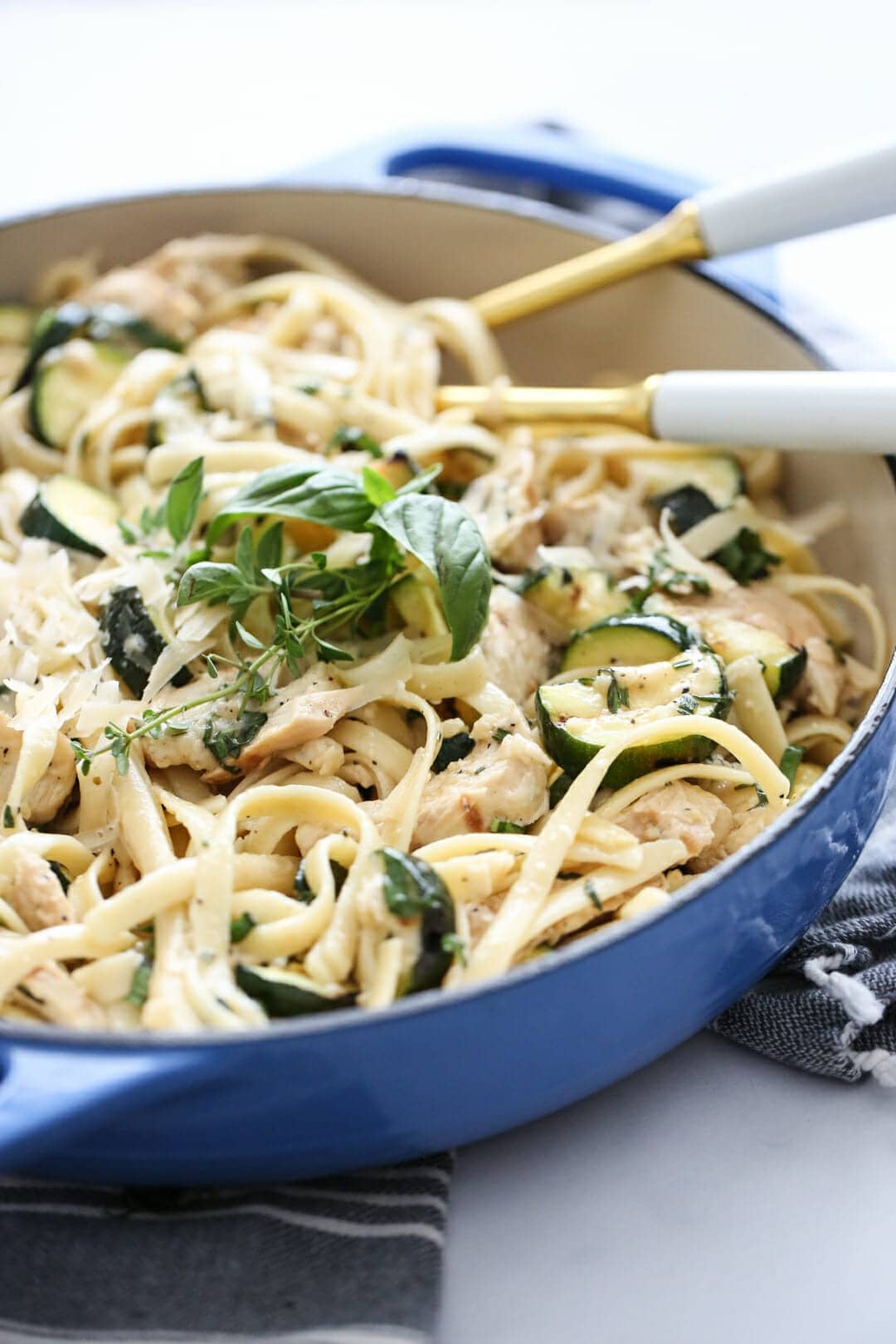 Lemon-Herb Zucchini Fettuccine in a pan. 