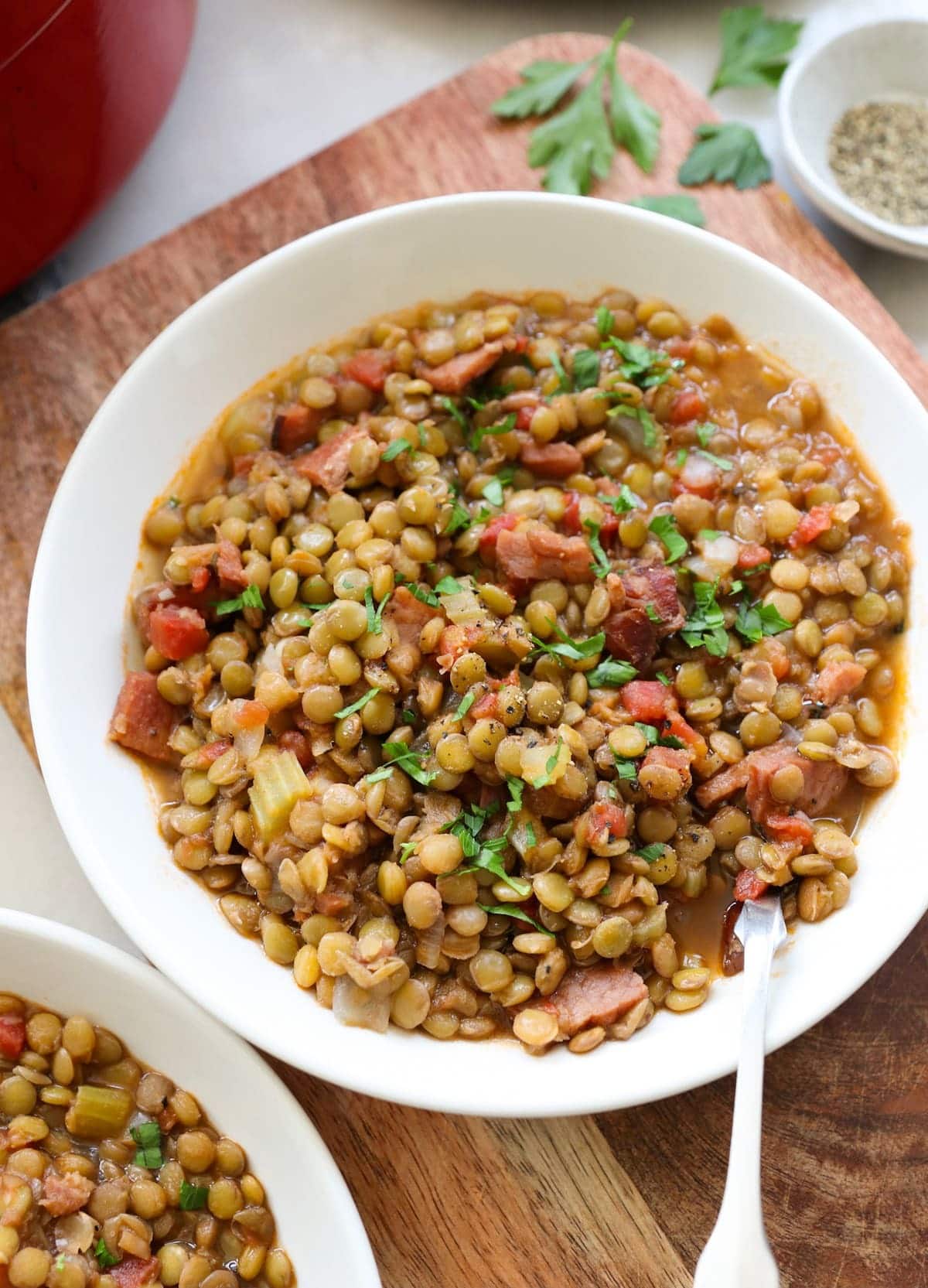 Lentil and ham soup in a bowl. 