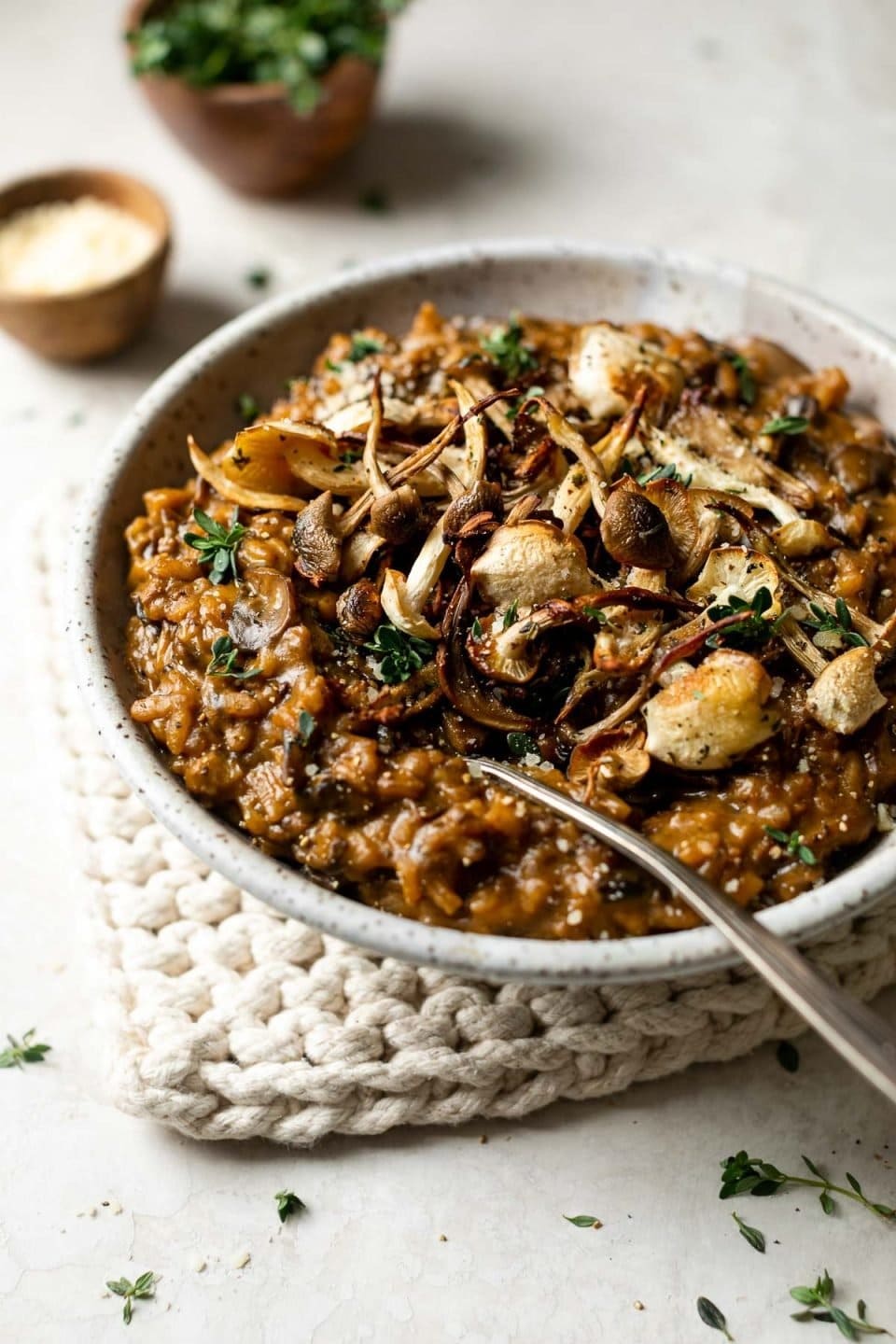 Bowl of creamy porcini mushroom risotto topped with fried shallots and garlic. 