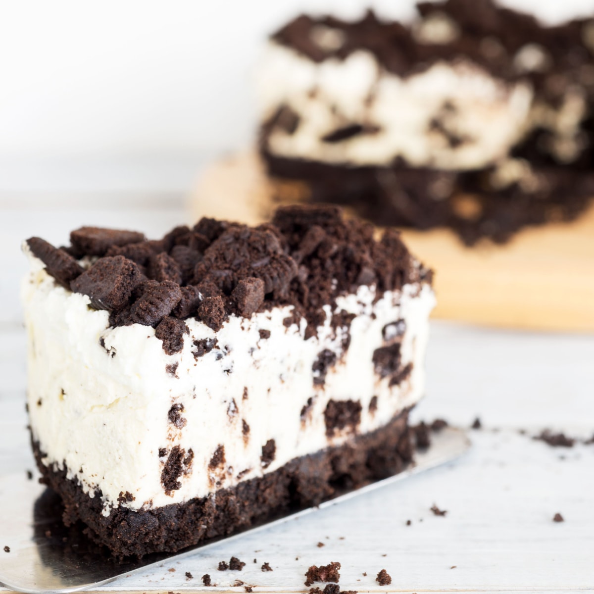 A thick slice of No-Bake Oreo Cheesecake.  