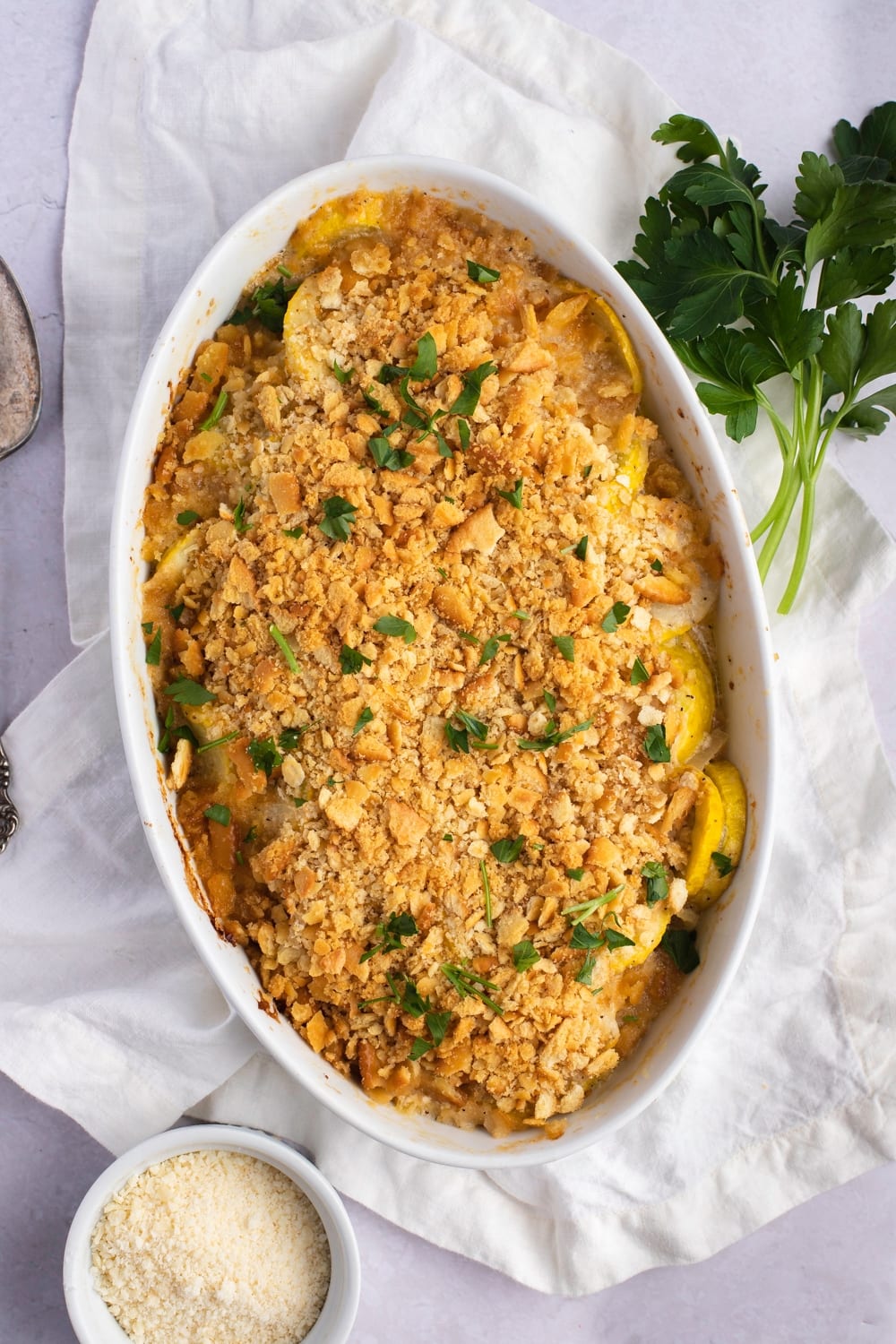 Paula Deen Squash Casserole in a baking dish. 