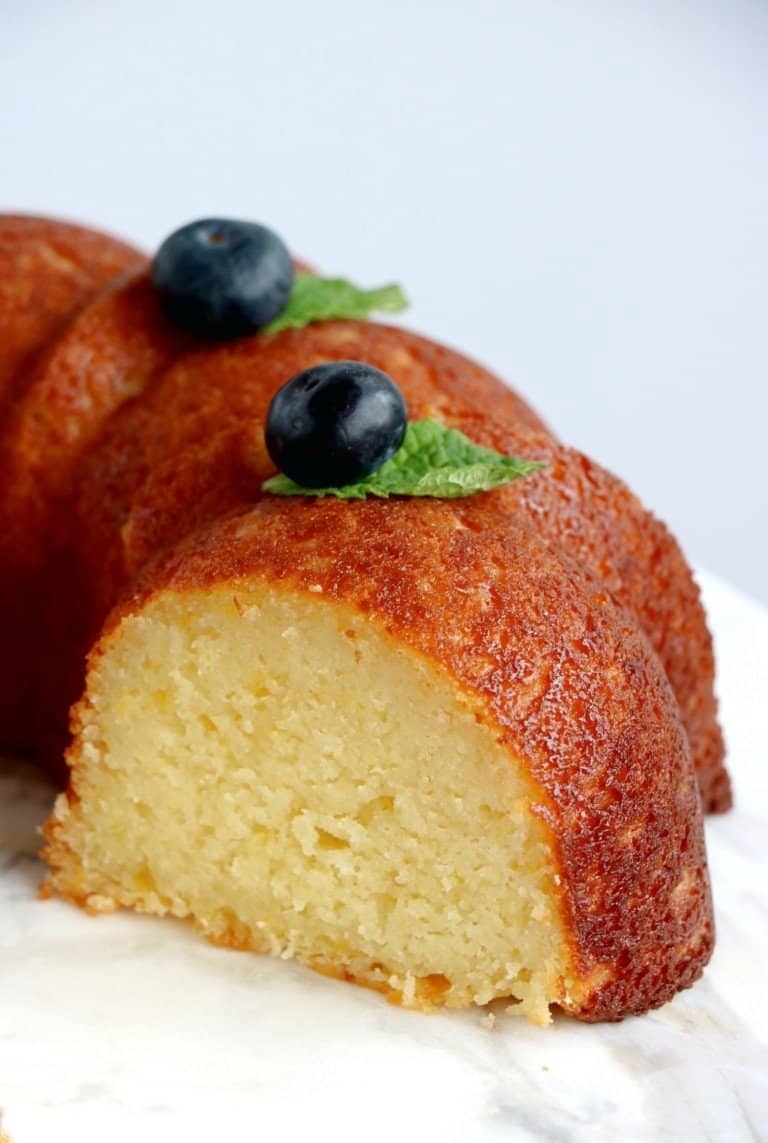 Sliced portion of ricotta Bundt cake. 