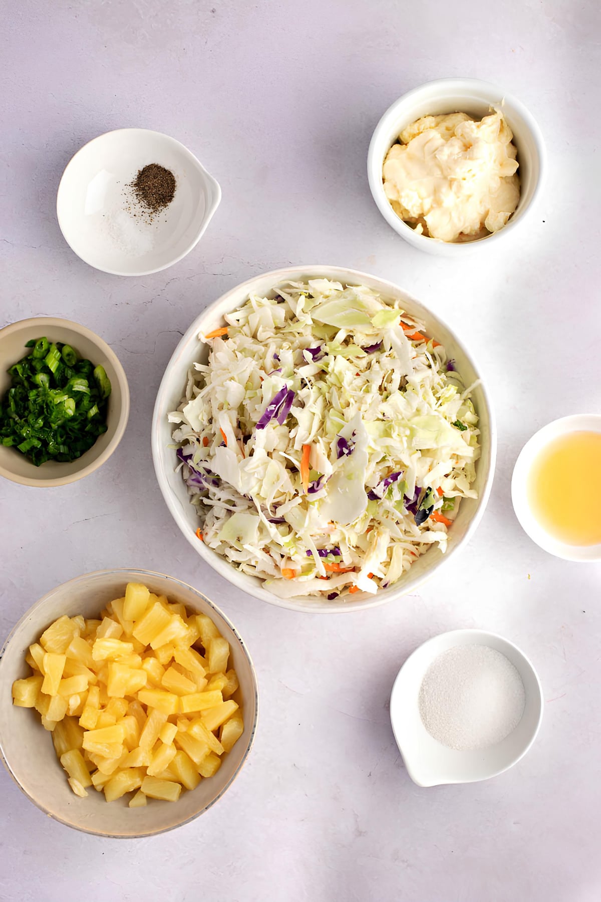 Pineapple Coleslaw Ingredients: Mix Pineapple, Green Onions, Mayo, Sugar, Apple Cider, Vinegar, Salt and Black Pepper