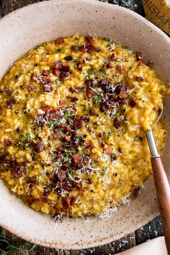 Bowl of Pumpkin risotto with bacon & parmesan. 