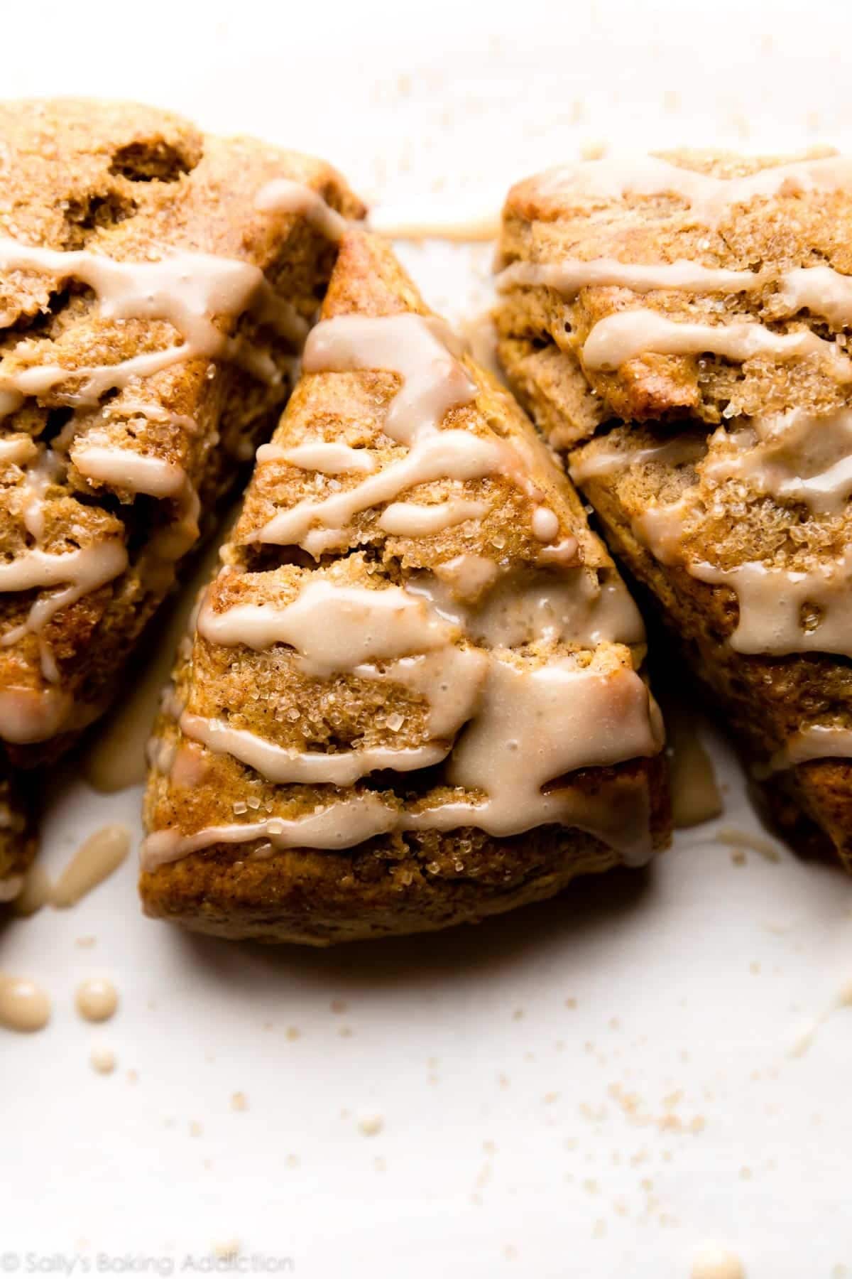 Pumpkin scones topped with sweet maple icing. 