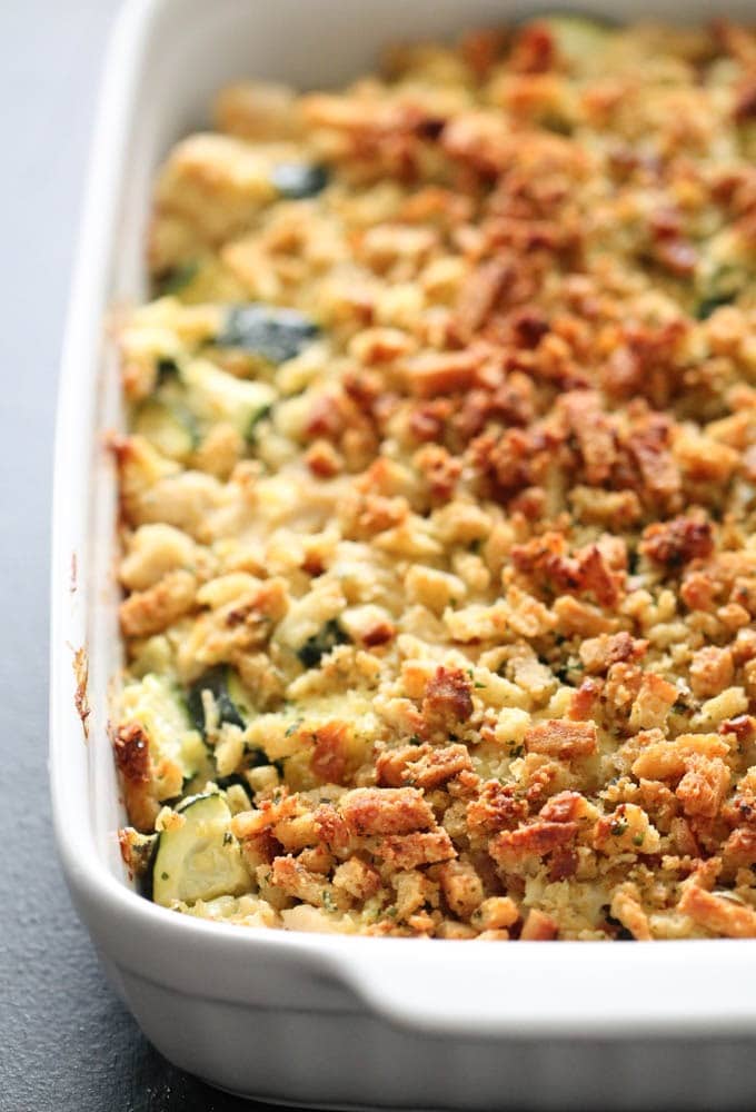 Chicken zucchini casserole in a white dish. 